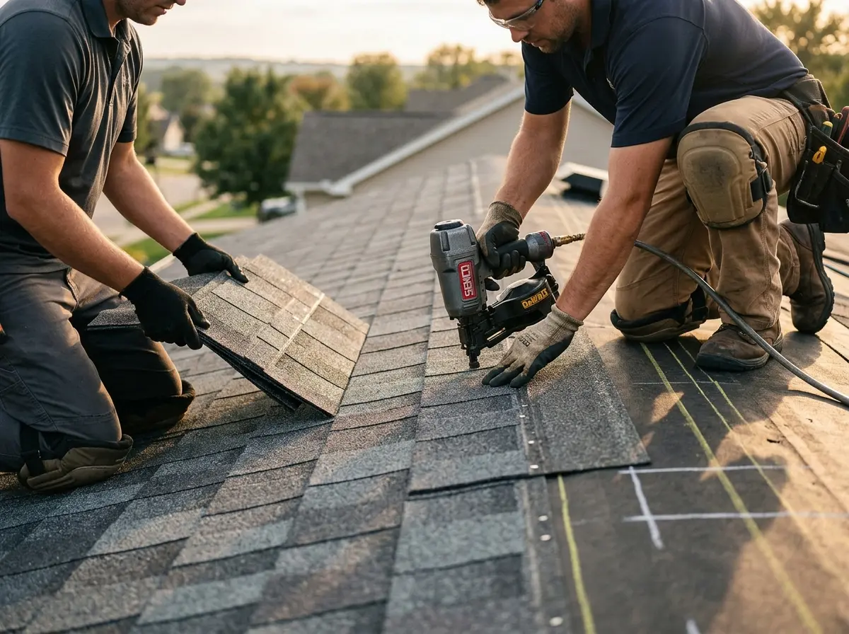 Professional roofer working on a residential roof in Shawano